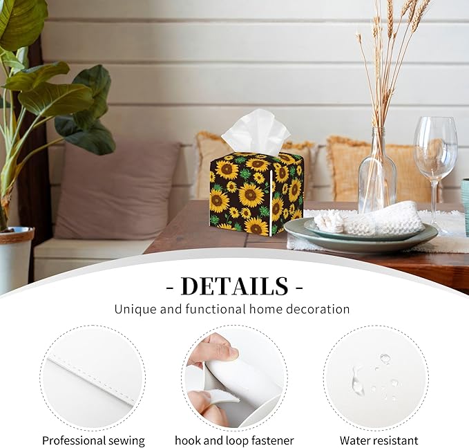 Sunflower Tissue Box Cover Leather Tissue Box Holder Square Facial Paper Organizer Dispenser for Bathroom Kitchen Bedroom Vanity Countertop Night Stands