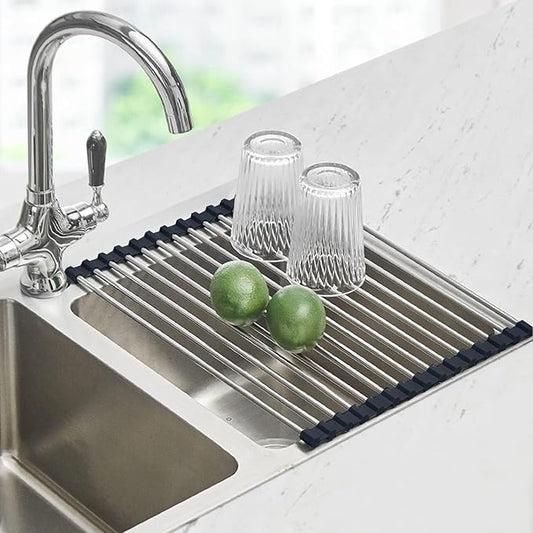 Seropy Roll Up Dish Drying Rack Over The Sink Drying Rack for Kitchen Counter, Rolling Dish Rack Over Sink Mat, Foldable Dish Drainer Stainless Steel Rack Kitchen Organization Gadgets Black 17"x11.8"
