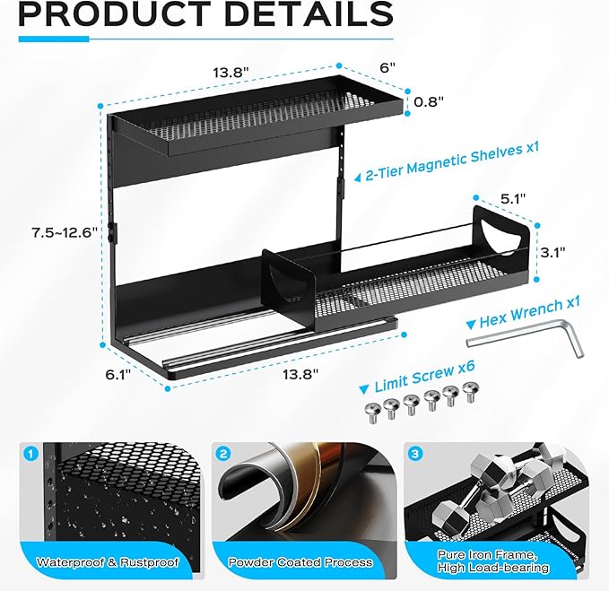 2 Tier Magnetic Storage Shelf with Pull Out Drawer, Height Adjustable Magnetic Organizer for Washing Machine & Fridge Side, No Drill Magnetic Rack for Laundry Room, Kitchen Storage (Black)