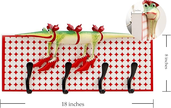 Decorative Wall Hook Rack with 4 Metal Hooks, 18" x 8" Red and White Vintage Plaid Panel, Whimsical Crocodile Wall Decor Organizer for Entryway, Kitchen, Living Room