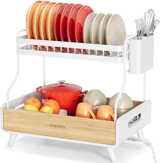 2-Tier Dish Drying Rack, Large Stainless Steel & Bamboo Dish Rack for Kitchen Counter, Dish Drainers with Adjustable Automatic Spout,Drying Rack Kitchen with Utensil Holder, White