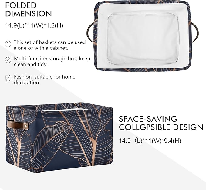 susiyo Gold Palm Leaves Navy Blue Closet Storage Bins with PU Handles, Foldable Fabric Storage Baskets for Shelves, Decorative Baskets Clothes Storage Baskets for Organizing-2Pack