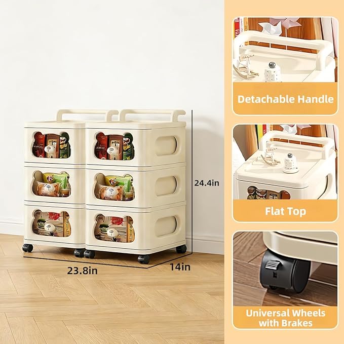Drawer Storage Organizer, Rolling Storage Cart with 6 Drawers, Plastic Drawer Tower Organization Storage Container with Wheels for Home, Bathroom, Kitchen, Entryway, Office, Dorm