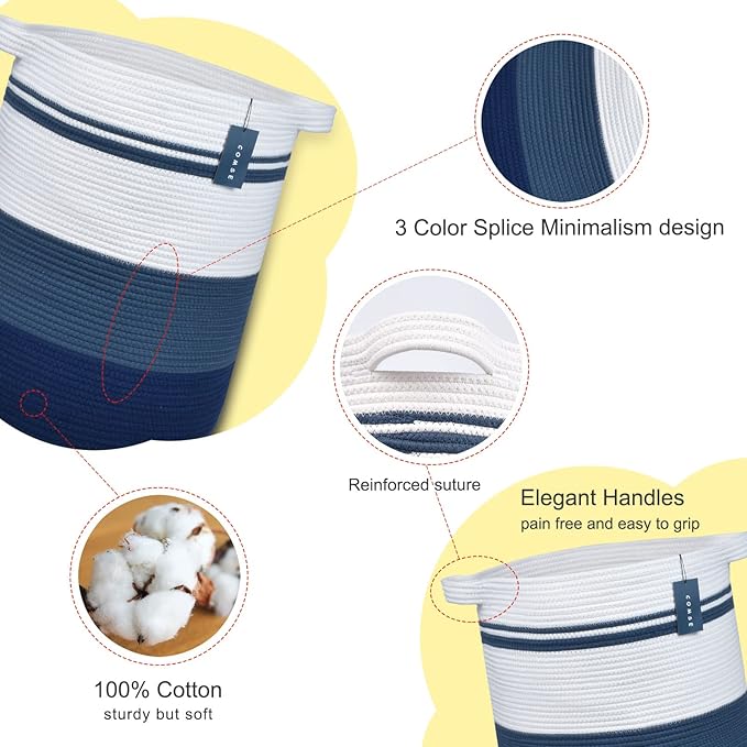 COMSE Extra Large Blanket Basket, Tall Laundry Basket, Nursery Hamper, 15.7âx 21.7â, Cotton Rope Woven Laundry Hamper for Storage Toys Clothes Towels, Gradient Blue
