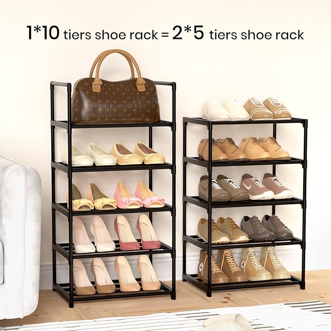 Narrow Shoe Rack 10 Tiers Tall Shoe Rack for Entryway 20 24 Pairs Shoe & Boots Organizer Storage Shelf Durable Black Metal Stackable Shoe Cabinet with Hooks, 17.1D x 11.8W x 78.7H in