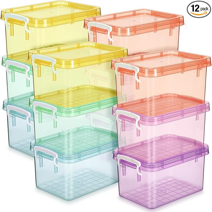Wenqik 12 Pack Colorful Plastic Storage Bins with Lids 4 Quart Small Storage Latch Box Stackable and Nestable Clear Organizer Bins with Latching Handle and Buckle for Organizing (Colorful)