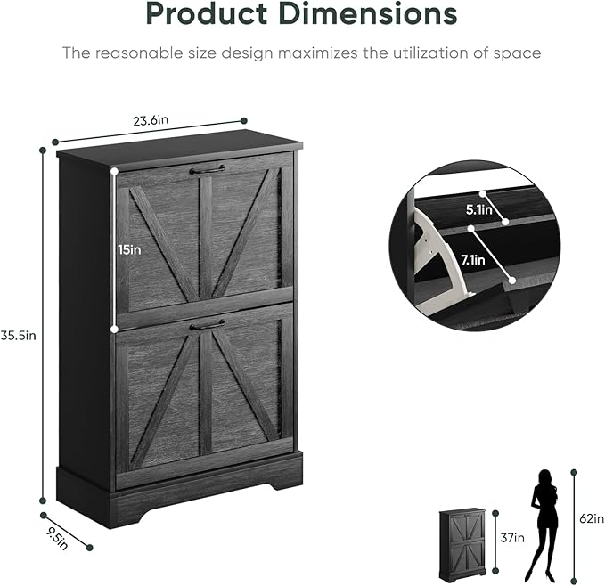 Shoe Cabinet, Shoe Storage Cabinet for Entryway with 2 Flip Drawers, Narrow Farmhouse Shoe Organizer Cabinet, Slim Shoe Rack Cabinet, 23.6in Black