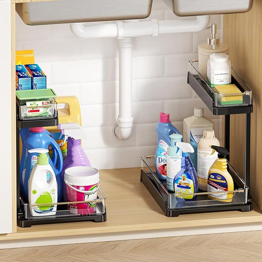 heart & home 2-Pack Under Sink Storage Organizer for Kitchen & Bathroom Cabinets with Removable Washable Tray, Tool-Free Assembly â Multi-Purpose for Vanity, Laundry & Countertop, Black