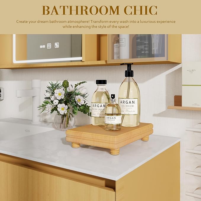 EOSAHR Decorative Pedestal Stand for Home Decor â Farmhouse Wooden Tray as Soap Holder & Bathroom Counter Organizer - Display Stand to Elevate Bathroom Decor (Light Brown)