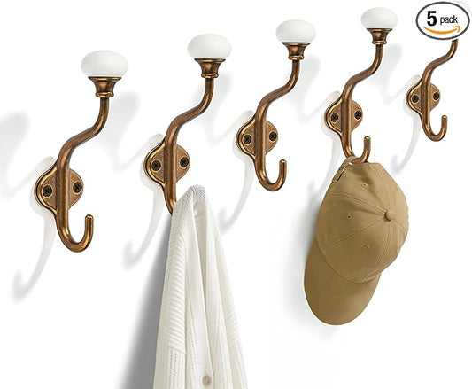 TUNNY Coat Hooks - 5 Pack Antique Brass Towel Hooks Robe Hooks Decorative Wall Hooks for Bathroom Bedroom Kitchen Towel Robe Clothes Cabinet Closet Bathroom Hardware