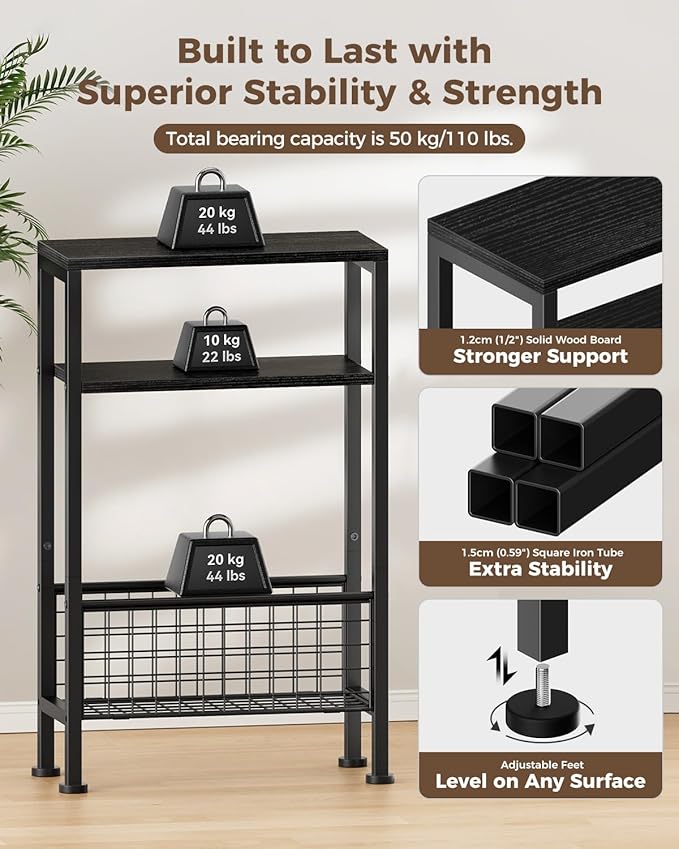 Karii Narrow Side Table, Skinny End Table for Small Spaces with Storage, 3-Tier Slim Wooden Bedside Nightstand Thin Couch Table for Living Room Bedroom Office Dorm Kitchen Bathroom (2, Black)