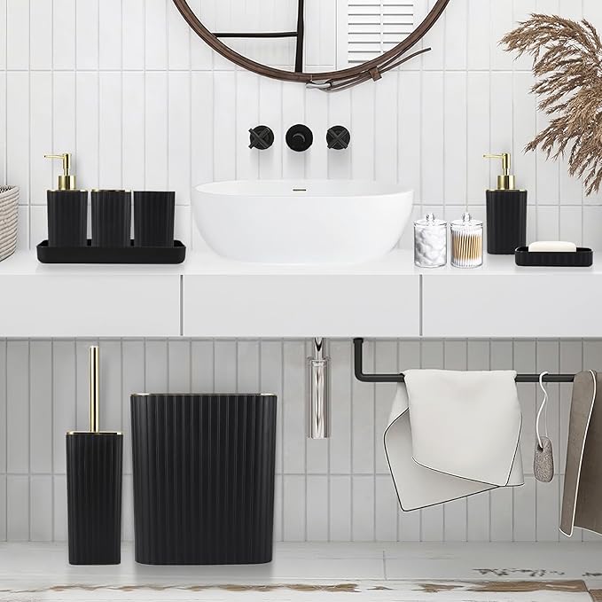 Bathroom Accessories Set - Gorgeous Black Bathroom Set, 10PC Bathroom Accessory Set, Toilet Brush, Trash Can, Qtip Holder & Soap Dispenser
