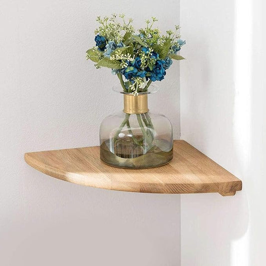Corner Shelf, 7inch Solid Oak Wood Floating Corner Shelf Wall Mount Round End Floating Speaker Shelves with Wire Hole for Small Plant Photo Frame for Bedroom Kitchen, Living Room | Wire Hole, Small Plant, Photo Frame, Bedroom, Kitchen, Living Room