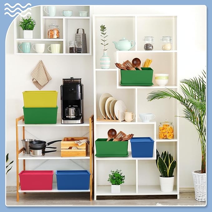 Menkxi 6 Pcs Storage Bins with Lids Small Plastic Storage Containers Stackable Storing Baskets Box Cute Organizer Bins for Organizing Shelves (Colorful)