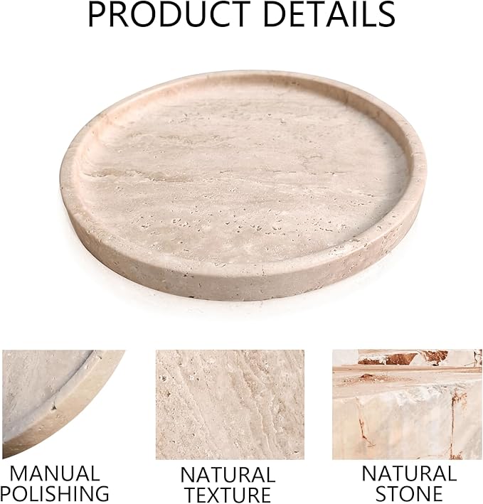 Natural Travertine Vanity Decorative Marble Tray, Candles, Perfume, Trinket, Marble Circle Vanity Trays for Bathroom, Dresser, Kitchen, Countertop Storage Organizer for Home Decor
