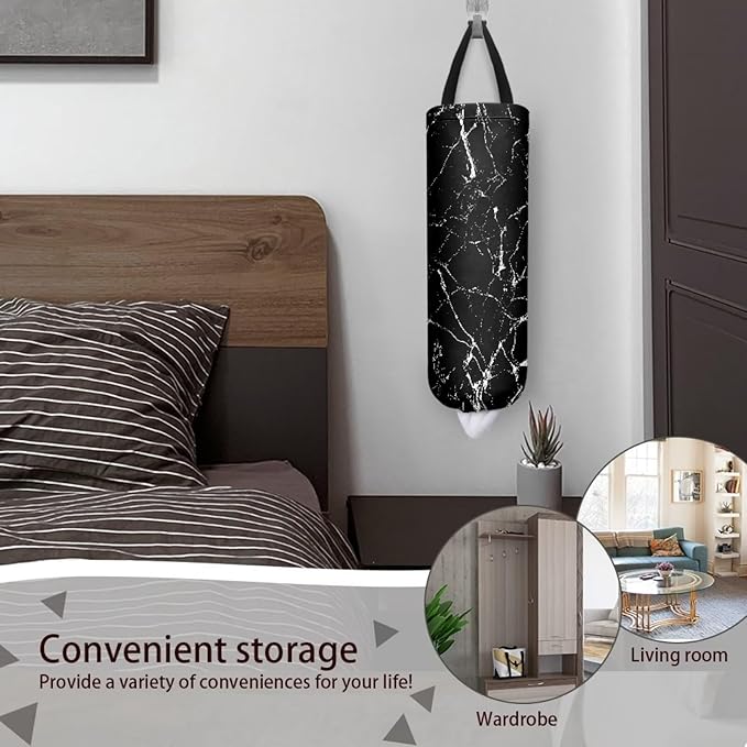 Plastic Bag Holder Set of 2 Hanging Grocery Bag Holder Reusable Plastic Bag Dispenser Trash Bag Organizer Container,Black Marble