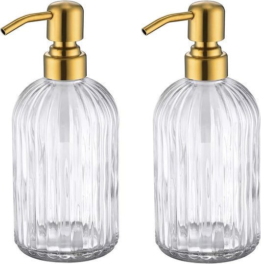 Gold Glass Soap Dispenser with Rust Proof Metal Pump, Vintage & Antique Design, 16oz Clear Glass Dish Soap Dispenser for Bathroom & Kitchen, 2 Packs