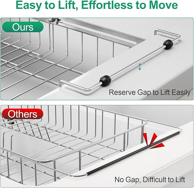 GSlife Expandable Dish Drying Rack for Large Sink- Stainless Steel Over the Sink Dish Drainer with Silicone Drying Mat and Locking Knob for Kitchen, 12.8" W x 13.4"-20.5" L, Silver