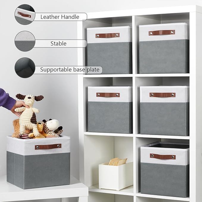 HNZIGE Fabric Storage Cubes 11x11x11,6Pcs Storage Cubes Organizer shelves, Large Linen Closet Foldable Storage Cubes for Shelves,Baskets for Cube Storage Home, Office Toy (White Gray)