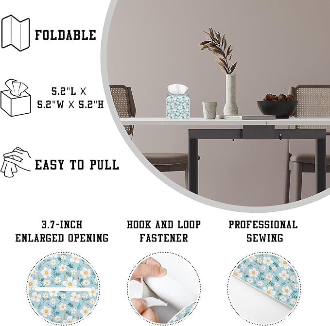 Tissue Box Cover White Flowers Leather Tissue Box Holder Cube Paper Case Cover Facial Paper Organizer Dispenser for Bathroom, Vanity Countertop, Office Desk