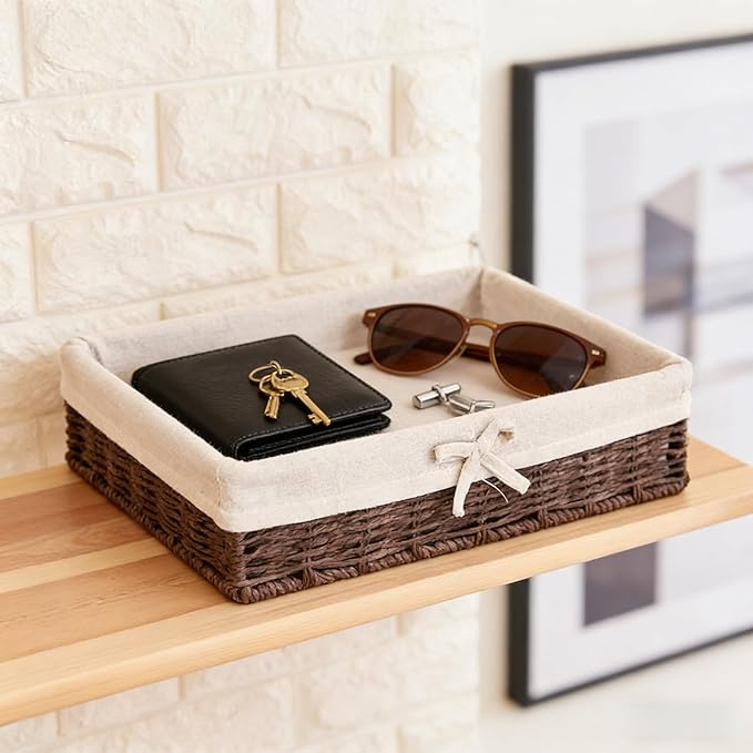 Set of 4 Storage Baskets for Shelves – Dark Brown Paper Rope, Fabric Lined Handwoven Shallow Rectangle Baskets, Decorative Bathroom Counter & Dresser Organizer Bins
