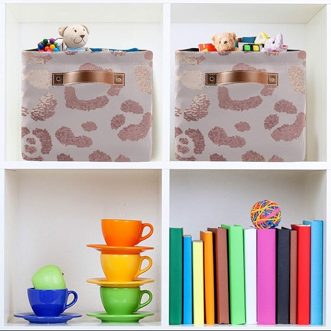 susiyo Large Foldable Storage Bin Leopard Skin Rose Gold Fabric Storage Baskets Collapsible Decorative Baskets Organizing Basket Bin with PU Handles for Shelves Home Closet Bedroom Living Room-2Pack