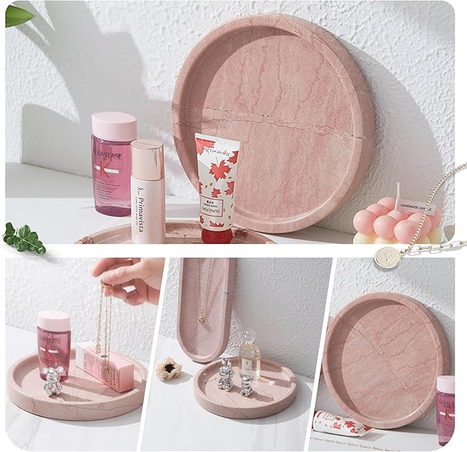 Natural Marble Tray, Round Pink Tray for Bedroom/Bathroom/Kitchen/Vanity Countertop, Jewelry Tray for Rings Earrings Necklace Bracelet Watch, Room Decor Aesthetic