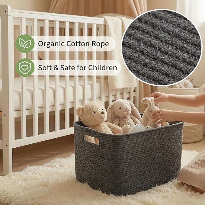 Woven Blanket Basket,65L Large Storage Bin for Blankets Toys Clothes,Decorative Rope Basket for Living Room Bedroom with Handles, Grey