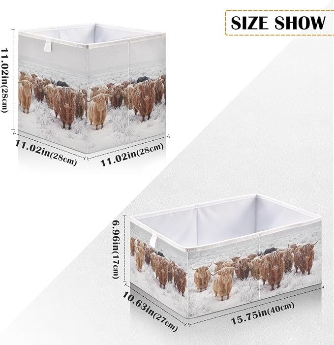 linqin Scottish Highland Cow Print Rectangle Storage Basket, Foldable Open Storage Bins Baby Nursery Organizing with Handles for Shelves Closet Home Decor
