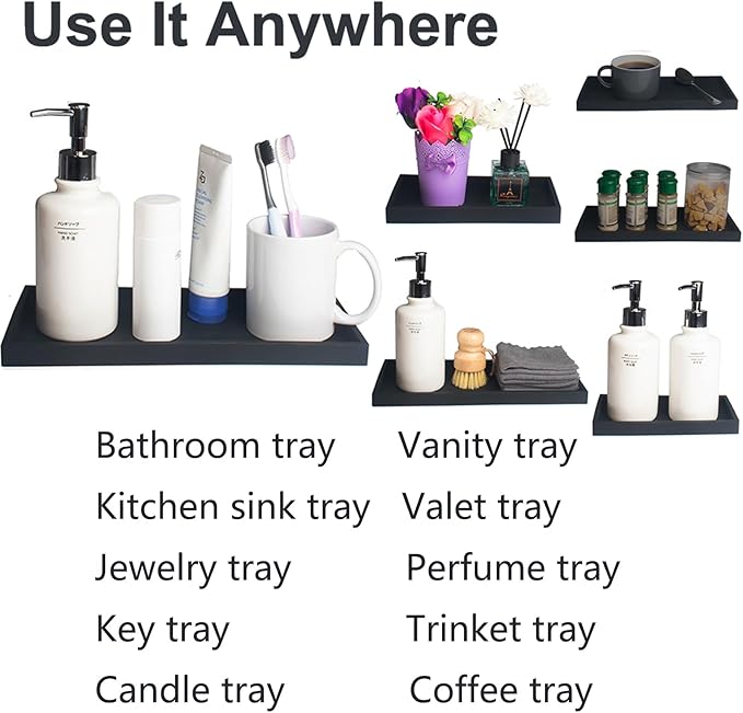DNC Bathroom Vanity Tray for Counter, 2PC (7.9" +11.8") Silicone Kitchen Sink Soap Tray for Countertop Dish Holder Dispenser Toilet Tank Desk Organizer Black