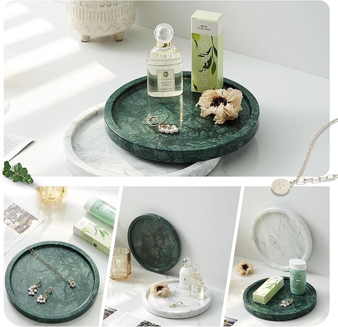 Natural Marble Tray, Round Green Tray for Bedroom/Bathroom/Kitchen/Vanity Countertop, Jewelry Tray for Rings Earrings Necklace Bracelet Watch, Room Decor Aesthetic