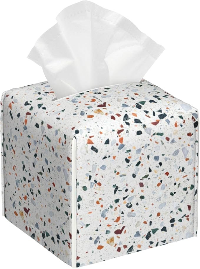 Tissue Box Cover Terrazzo Marble Tile Leather Tissue Box Holder Cube Paper Case Cover Facial Paper Organizer Dispenser for Bathroom, Vanity Countertop, Office Desk