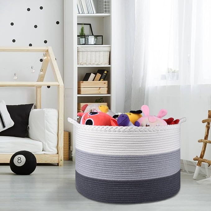 COMSE Extra Large Woven Blanket Laundry Basket, 21.7âx 13.8â, Nursery Hamper, Cotton Rope Laundry Hamper Living Room for Storage Toys Clothes Towels (White & Light Gray & Dark Gray)