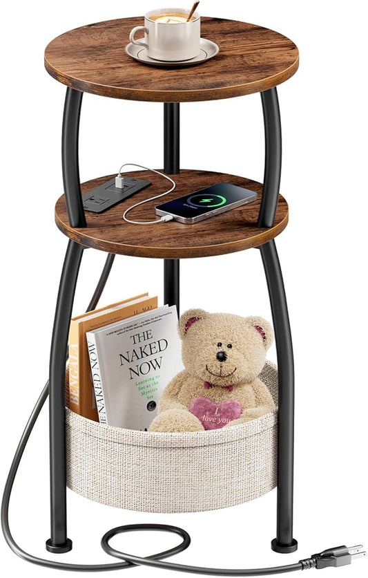 Side Table with Charging Station, Small Round End Table with Basket, USB Port and Outlet, 3 Tiers Sofa Couch Table Bedside Table for Living Room Bedroom, Small Spaces, 11.81in Rustic Brown