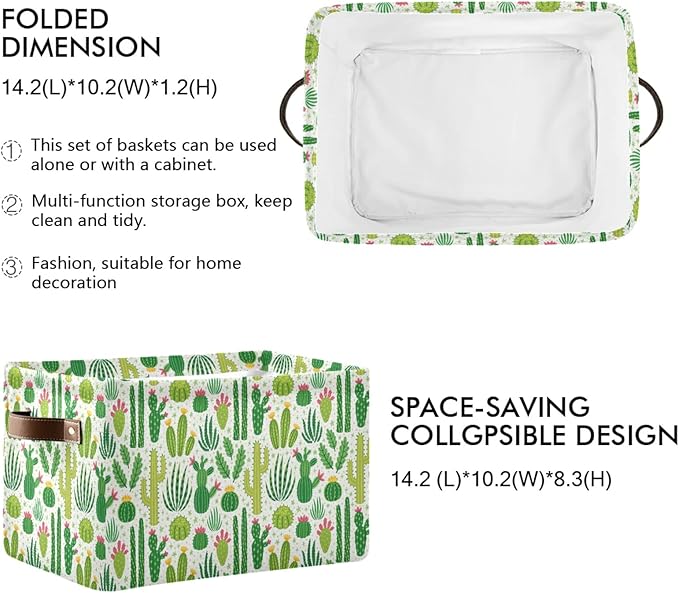 Bolaz Large Storage Basket Green Cacti Cactus Foldable Storage Box Organizer Bins with Handles for Bedroom Home Office