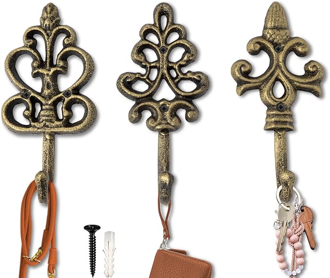 Comfify Shabby Chic Decorative Wall Hooks - Set of 3 - Cast Iron French Country Wall Decor - Farmhouse Hangers for Coats, Purses and More - Gold with Black