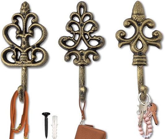 Comfify Shabby Chic Decorative Wall Hooks - Set of 3 - Cast Iron French Country Wall Decor - Farmhouse Hangers for Coats, Purses and More - Gold with Black
