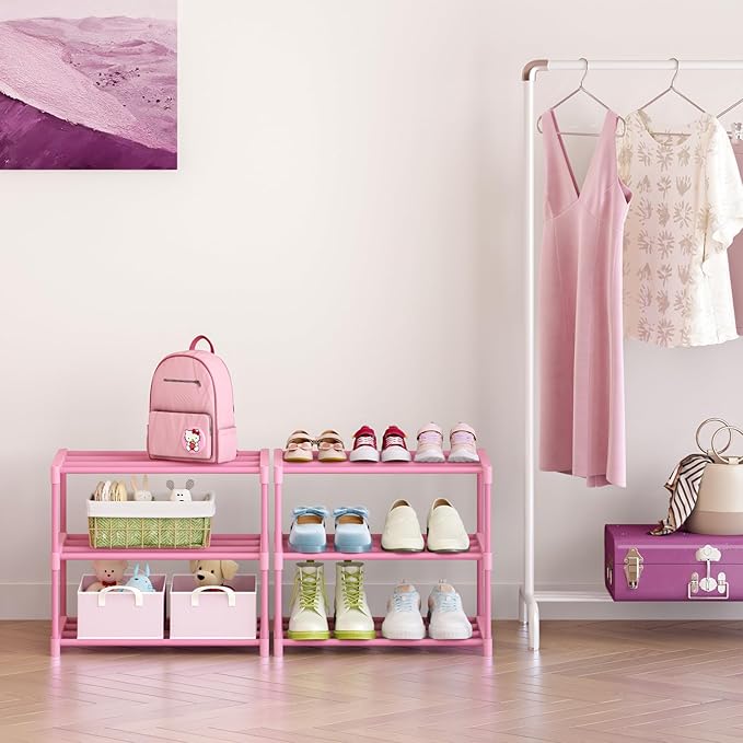 3-Tier Pink Shoe Racks for Women/Girls/Kids' Closet, Small Shoe Storage for 5-7 Pairs, Lightweight Stackable Shoe Shelf Organizer for Entryway, Front Door Entrance, Bedroom