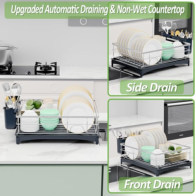 Dish Drying Rack - Space-Saving Dish Rack for Kitchen Counter with Removeable Cutlery Holder,Rustproof & Sturdy Auto-Drain Organizer for Plates,Cups,Knife,Silvery