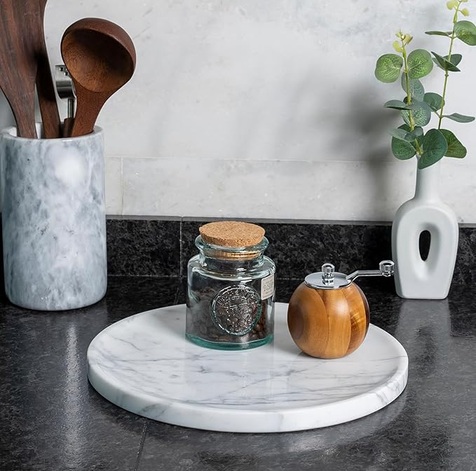 Natural Marble Decorative Tray for Bathroom Bedroom Kitchen Dresser, 11â Round Vanity Trays for Jewelry, Perfume, Cosmetic, Candle, Countertop Storage Organizer for Home Decor White, Arabescato
