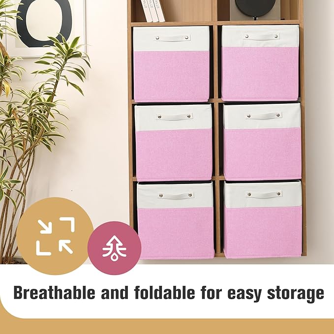 13 x 13 Inch Fine Linen Storage Bins with Handles，Fabric Cube Boxs，Basket Organizers for Shelves for Home, Closet Drawers (White/Pink-6 Pack)
