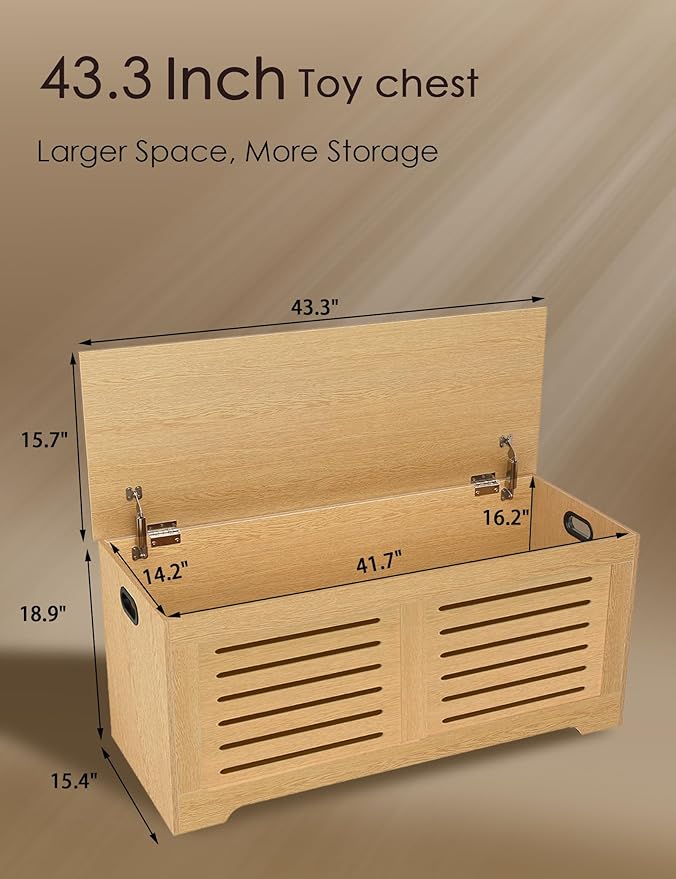 DINZI LVJ Storage Chest, 43.3âWooden Storage Box with 2 Safety Hinges, Entryway Shoe Bench with Flip-Top, Farmhouse Style Trunk for Living Room, Bedroom, Play Room, Easy Assembly, Natural