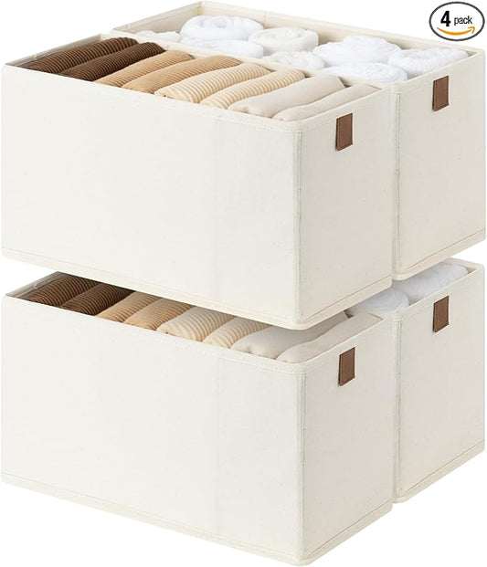 StorageWorks Fabric Storage Bins, Small Storage Bins with PU Handle, Decorative Narrow Baskets for Shelves, Ideal for Organizing Clothes, Toys, and Books, Beige, 4-Pack