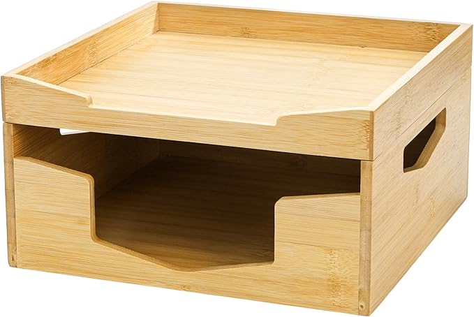 Yarlung Bamboo Paper Plate Dispenser Holder for 8-10 inch Plates and Air Fryer Liners, Portable Stackable Disposable Plates Organizer for Kitchen Cabinet and Countertop Storage