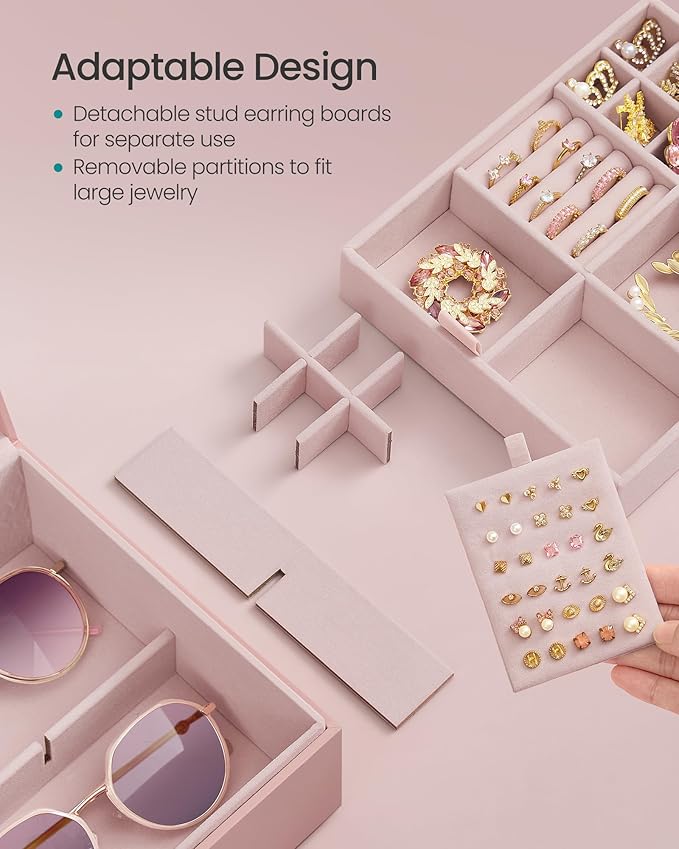 SONGMICS 2-Layer Jewelry Box, Jewelry Organizer with Handle, Removable Jewelry Tray, Jewelry Storage, Floating Effect, 8.1 x 9.4 x 4.3 Inches, Gift Idea, Jelly Pink UJBC165R01