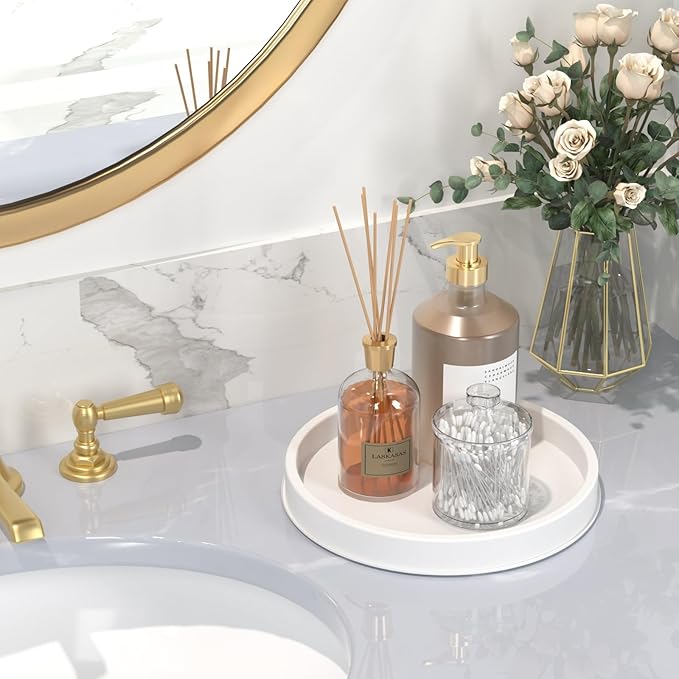 HGF Bathroom Tray for Sponge Soap, 10 Inch Light Metal Round Decorative Tray for Kitchen Counter Sink Centerpiece Countertop Organizer, Perfume Candle Vanity Trays for Bathroom Decor, Totally White
