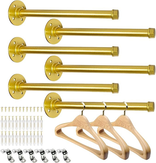 6 Pcs Industrial Pipe Clothes Bar 12 Inch - Wall Mount Clothing Rack - Face Out Closet Rods for Hanging Clothes Commercial Retail Boutique Laundry Shirt Display - Golden