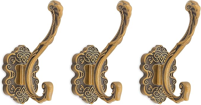 Vintage Coat Hooks Wall Mount, Unique Heavy Duty Wall Hooks for Hanging Towel Key Purse Hat Robe Clothes Decorative Hook for Bathroom Shower Closet Entryway Antique Brass 3 Pack