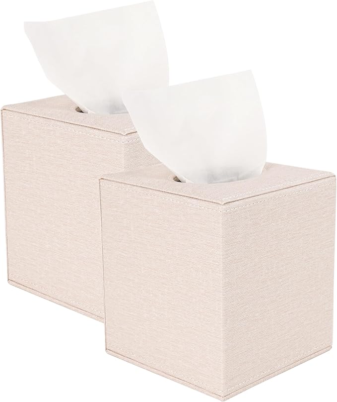 2 Pack Square Tissue Box Cover Holder - Premium PU Leather Decorative Cube Facial Napkin Dispenser - Magnetic Bottom for Bathroom Vanity Bedroom Nightstand Office (Cream White)