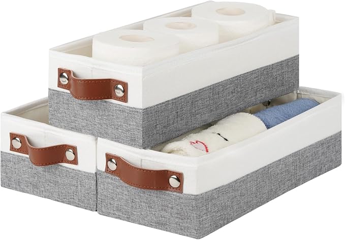 HNZIGE Small Fabric Storage Bins with Handles 3 Pack, Foldable Narrow Baskets for Organize Toilet Paper, Clothes, Diaper, Sock, Storage Bins for Shelves, White&Grey-13"x 5.9"x3.9"